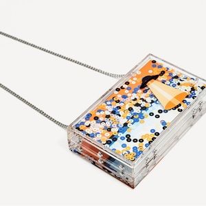 Zara Acrylic Pelxi Box Clutch Beach scene UFO Sequin Chain Strap Unique Alien